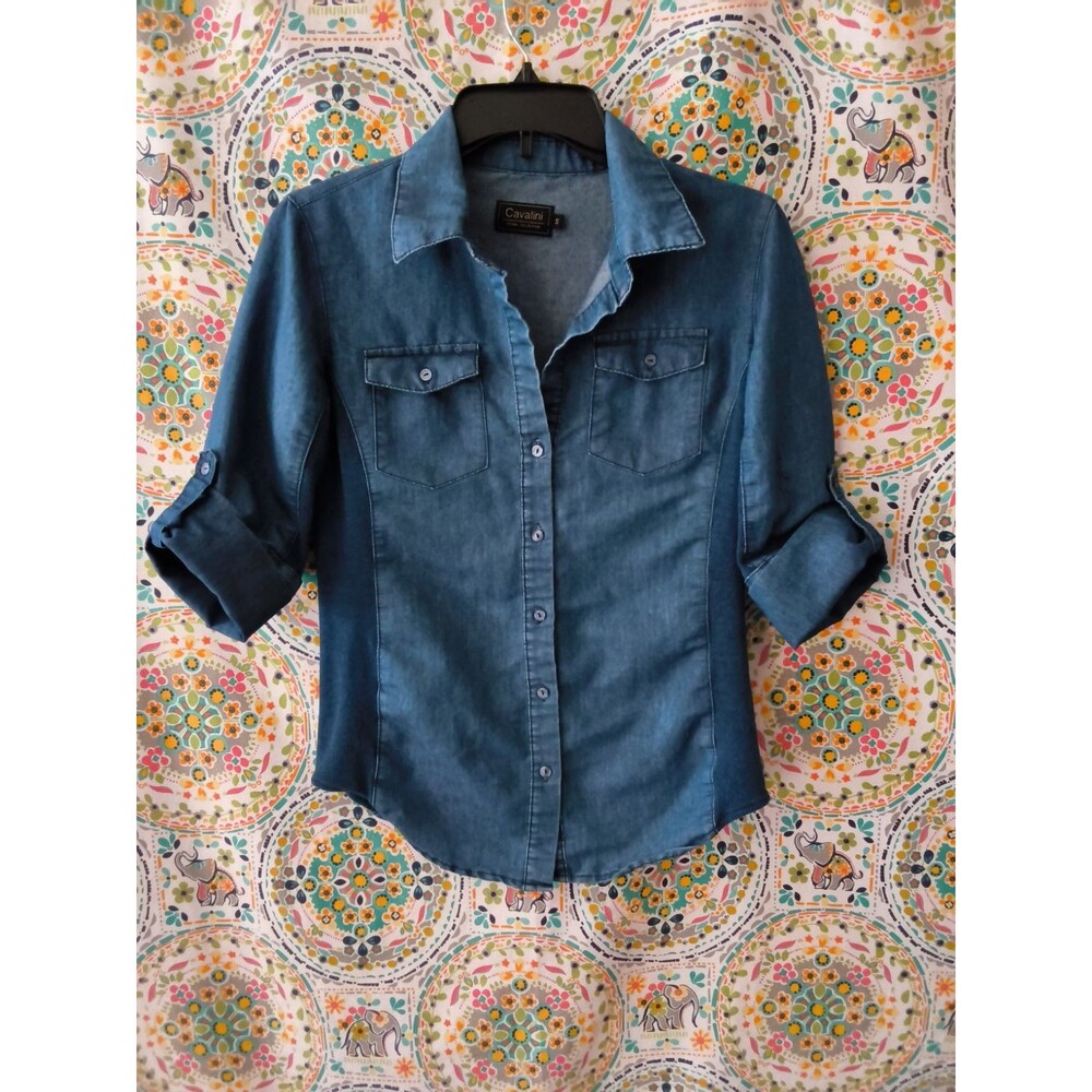 Cavalini Chambray Denim Shirt Women's SMALL Blue 3/4 Sleeve V-Neck Ribbed Y2K